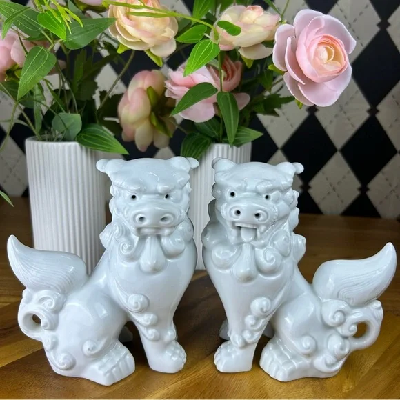 Foo Dog Pair Luxury White Set Ceramic Chinoiserie Guardians Vintage Luxury 6” - Picture 4 of 12